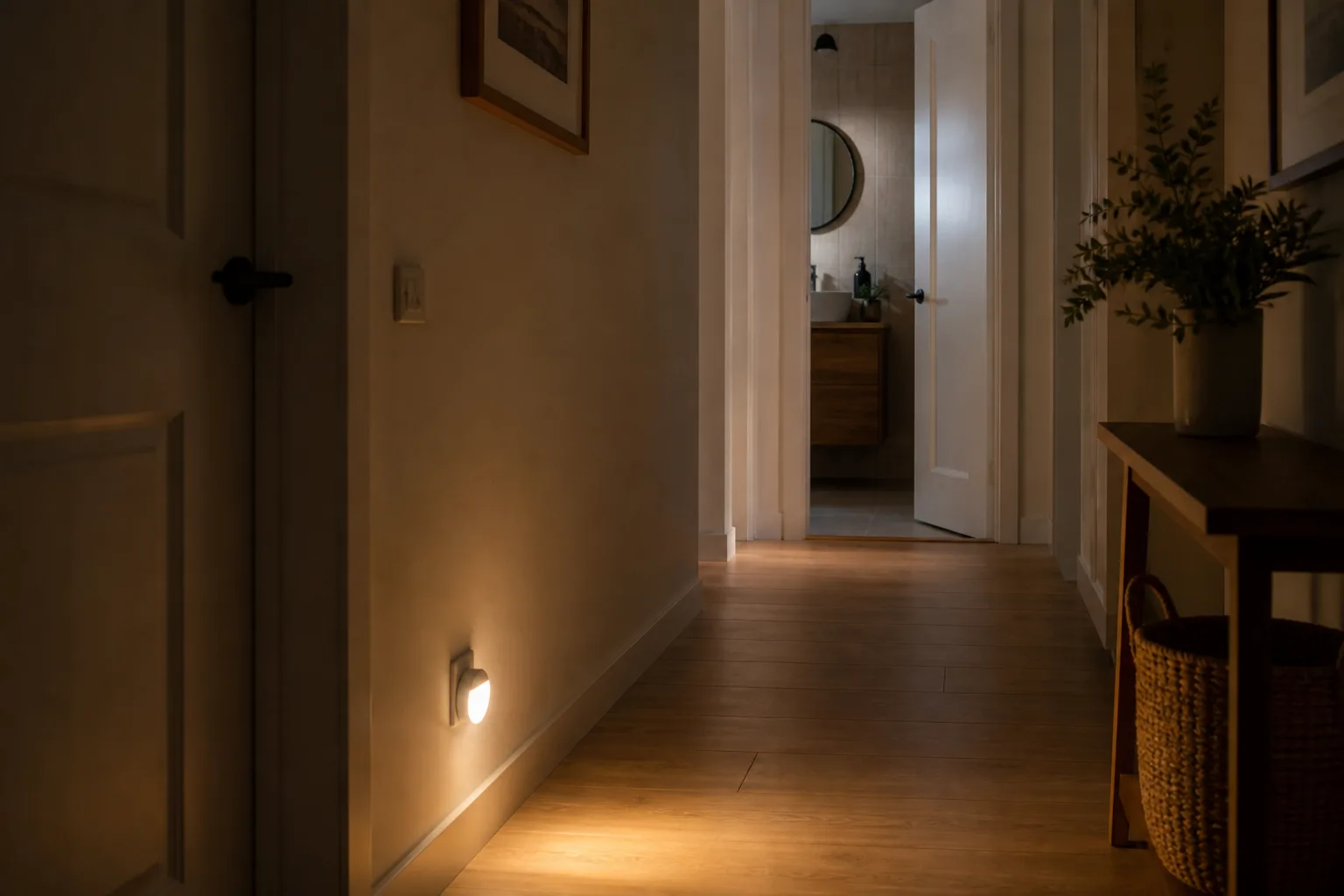 Couloir éclairé la nuit par une veilleuse à hauteur de plinthe